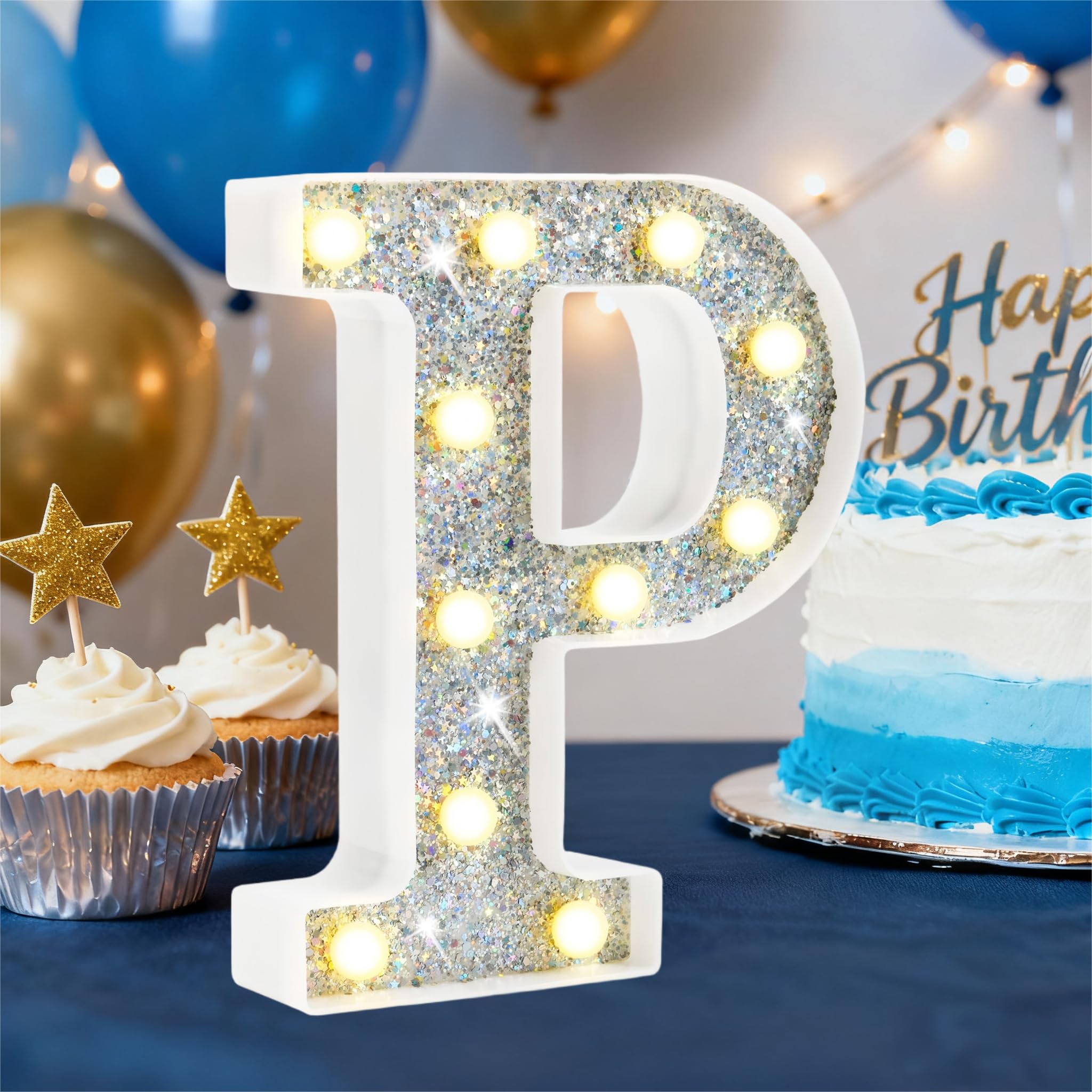 HEYCOLOR Silberne Glitzer LED Buchstaben P, Warmweiß LED Buchstaben Lichter Alphabet, Leuchtbuchstaber Als Teenager Mädchen Jungen Geschenke, Party Dekor für Geburtstags Hochzeit Muttertag Birthday