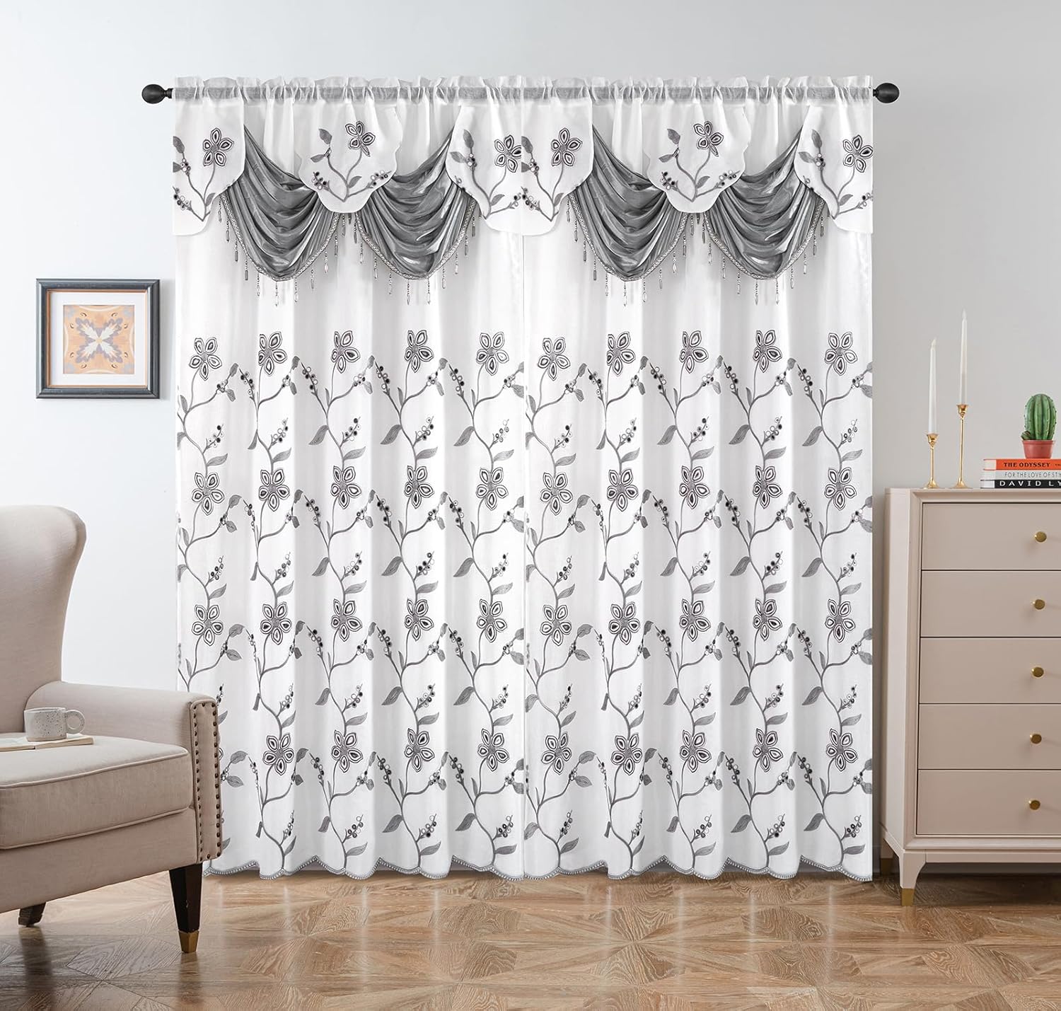 Petrichor Embroidered Sheer Curtain 2 Panels Set - Luxury Window Curtain Attached Valance with Satin Backing and 2 Tie Backs for Living Room,Dining Room, 54x84 inches, Gray