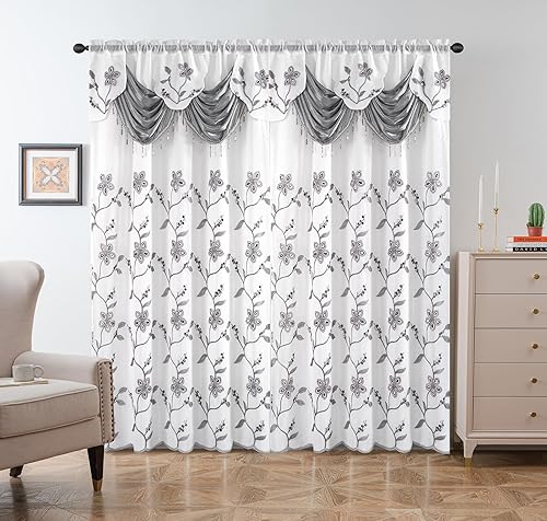 Miniatura 2 de Petrichor Juego de 2 paneles de cortinas transparentes bordadas, cenefa de lujo con respaldo de satén y 2 alzapaños para sala de estar, comedor, 54