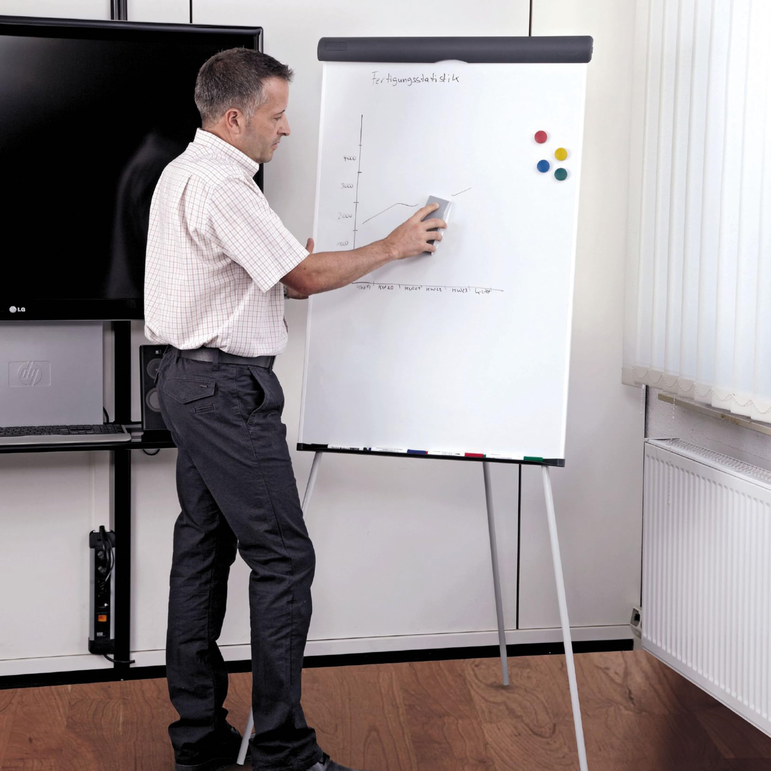 MAUL Flipchart MAULstandard 66x97 cm | Stabile Magnettafel mit Dreibein Gestell | Stufenlos höhenverstellbar | Für Papier in verschiedenen Formaten | Mit Ablage für Marker und Stifte | Grau