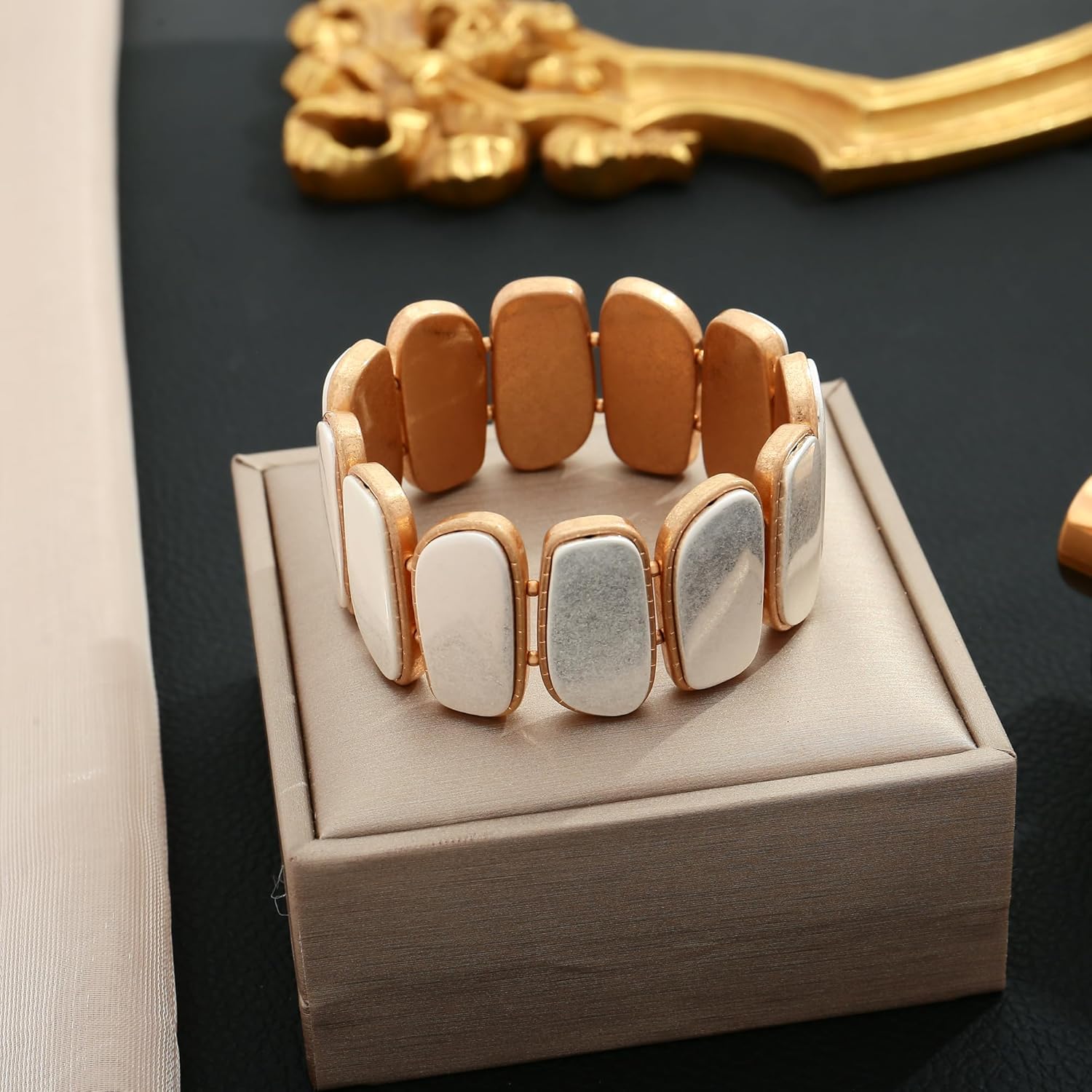 Two Tone Chunky Stretch Bangle Bracelet for Women Gold Silver Stretch Elastic Adjustable Chain Bracelet Bold Statement Bracelets - Image 7