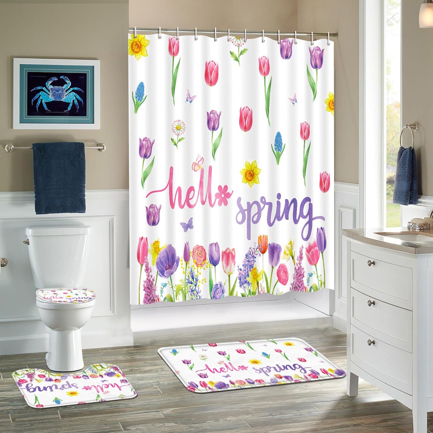 Tieshankao 4 Pcs Spring Shower Curtain Bathroom Set - Tulip Floral Non Slip Rugs Toilet Lid Cover Bath Mat with 12 Hooks Decor for Easter - Style 5