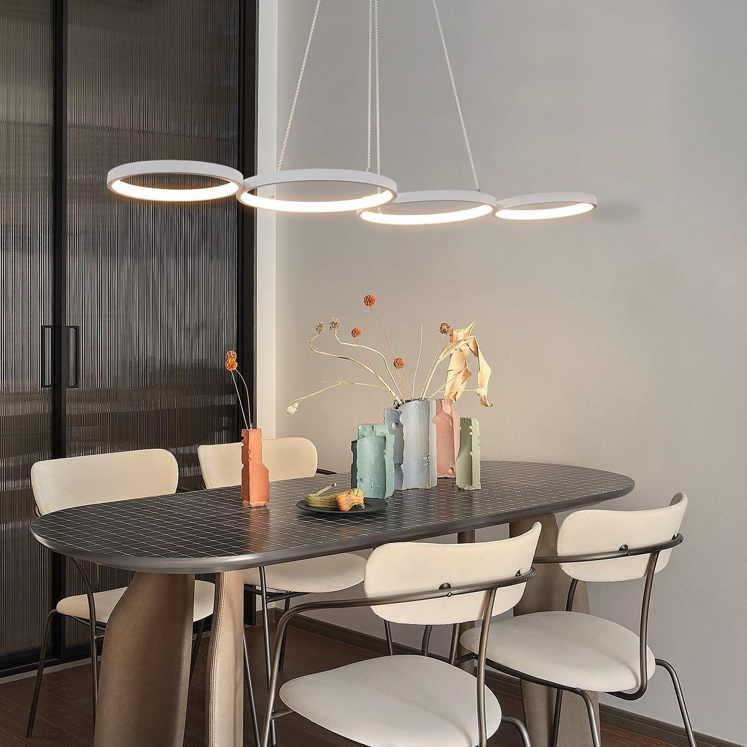 GBLY Lampa wisząca LED do jadalni, 88 cm, biała, nowoczesna, z 4 pierścieniami, ściemniana, z pilotem zdalnego sterowania, do salonu, sypialni