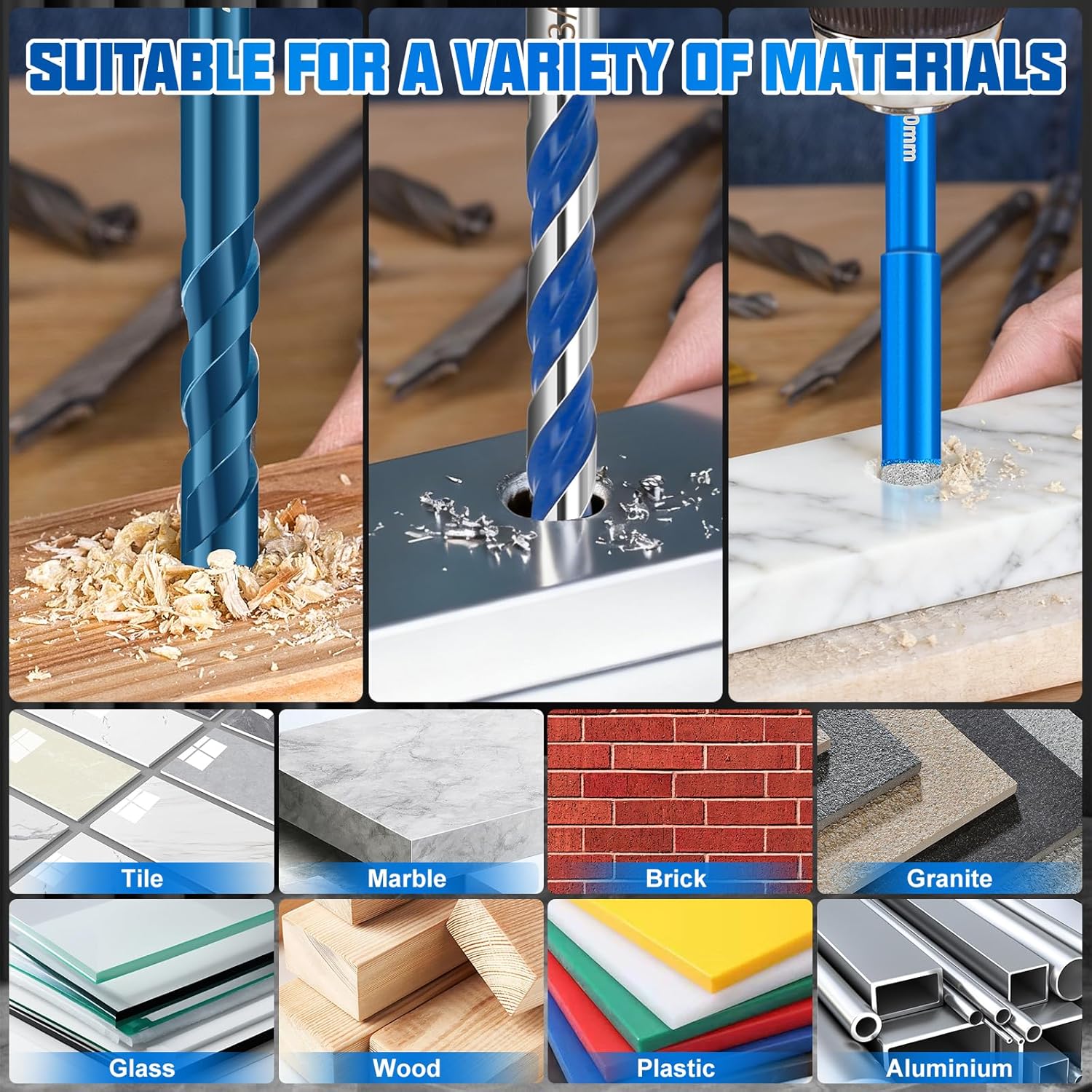Diamond Drill Bits Set, 30 Pcs Professional Masonry Drill Bit Set, Premium Carbide Drill Bits Set, Multiple Sizes Concrete Drill Bit for Ceramic Glass Porcelain Tile Marble Metal Plastic Wood, Blue