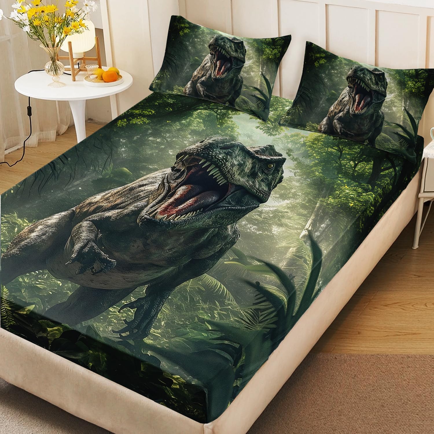 AILONEN 3D Realistic Dinosaur Fitted Sheet Set Twin Size, Tropical Wildlife Bedding Set for Boys Teens Kids,Ancient Dino Animal Bedsheets Set,3-Pieces,1 Sheet Set + 2 Pillowcases,Soft,Breathable