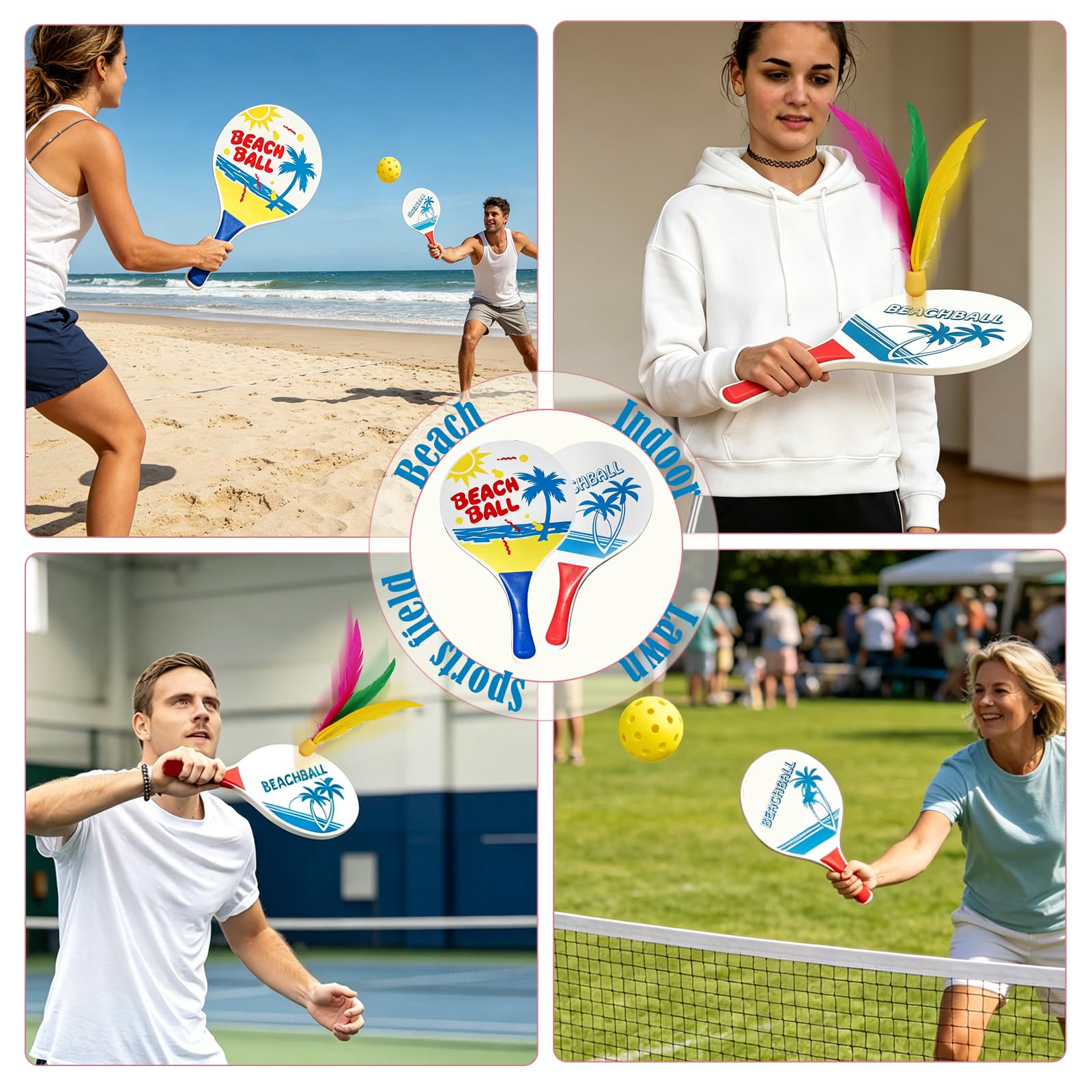 Set de Beachball, 2 Raquettes, 2 Peak Ball, 2 Volants, Raquettes de Plage en Bois Raquettes,Parfait pour Une Fête de Jeux de Plage et de Jardin en Famille