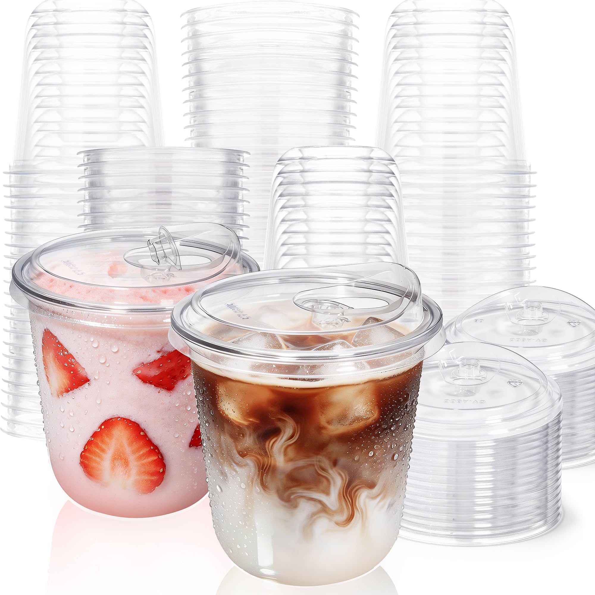 Fit Meal Prep 100 Pack 12 oz Round Bottom Clear Plastic Cups with Strawless Sip Lids, Disposable Iced Coffee Cups with lids, Reusable BPA-Free to Go Cups for Smoothies, Matcha, Party Drinks