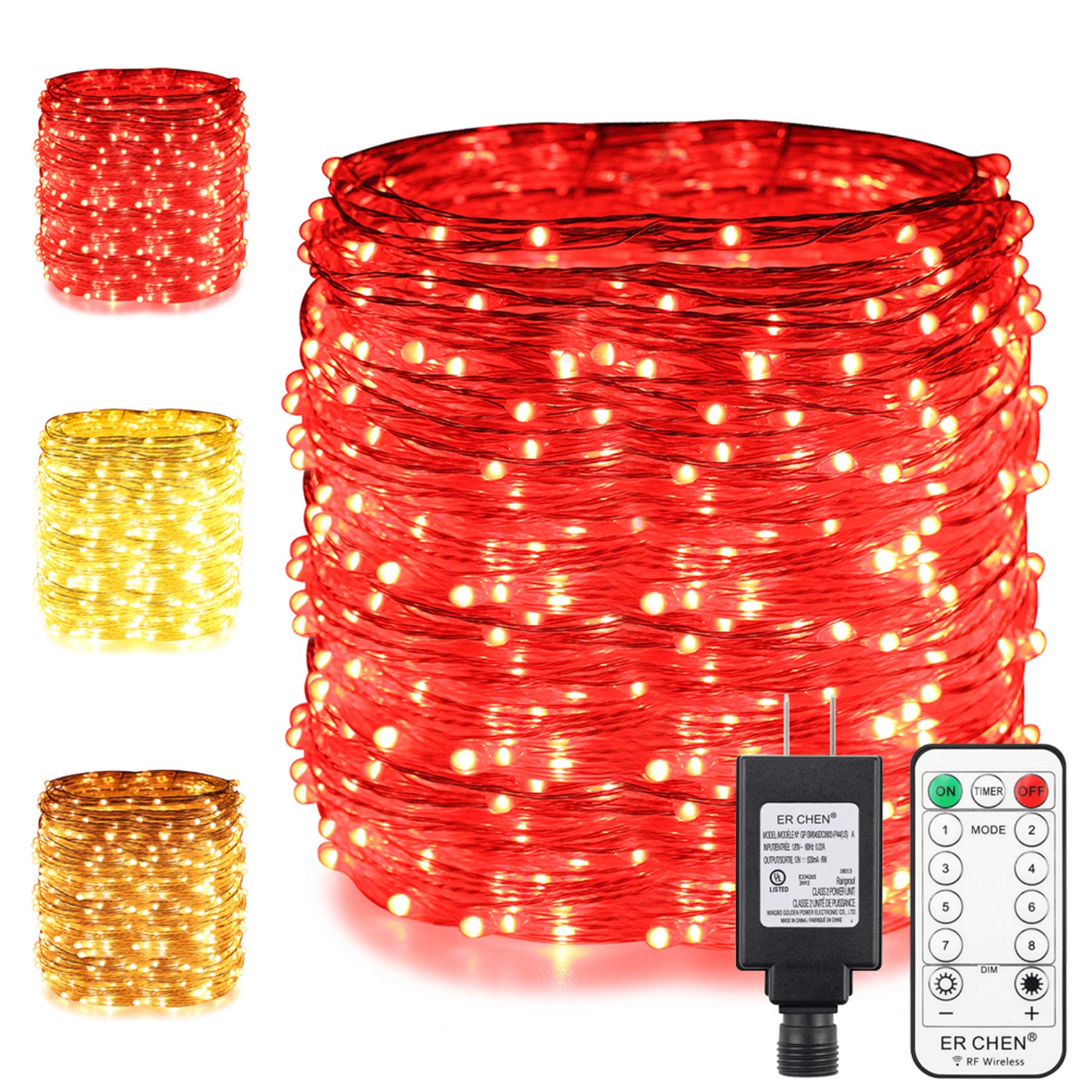 ErChen Dual-Color LED String Lights, 100 FT 300 LEDs Plug in Silvery Copper Wire 8 Modes Dimmable Fairy Lights with Remote Timer for Indoor Outdoor Christmas (Red/Warm White)