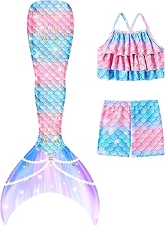 Girls Mermaid Bathing Suit 3PCS Cute Ruffle Tankini Swimsuits with Boyshort Fish Tail Kids Beach Swimwear 3-11Y