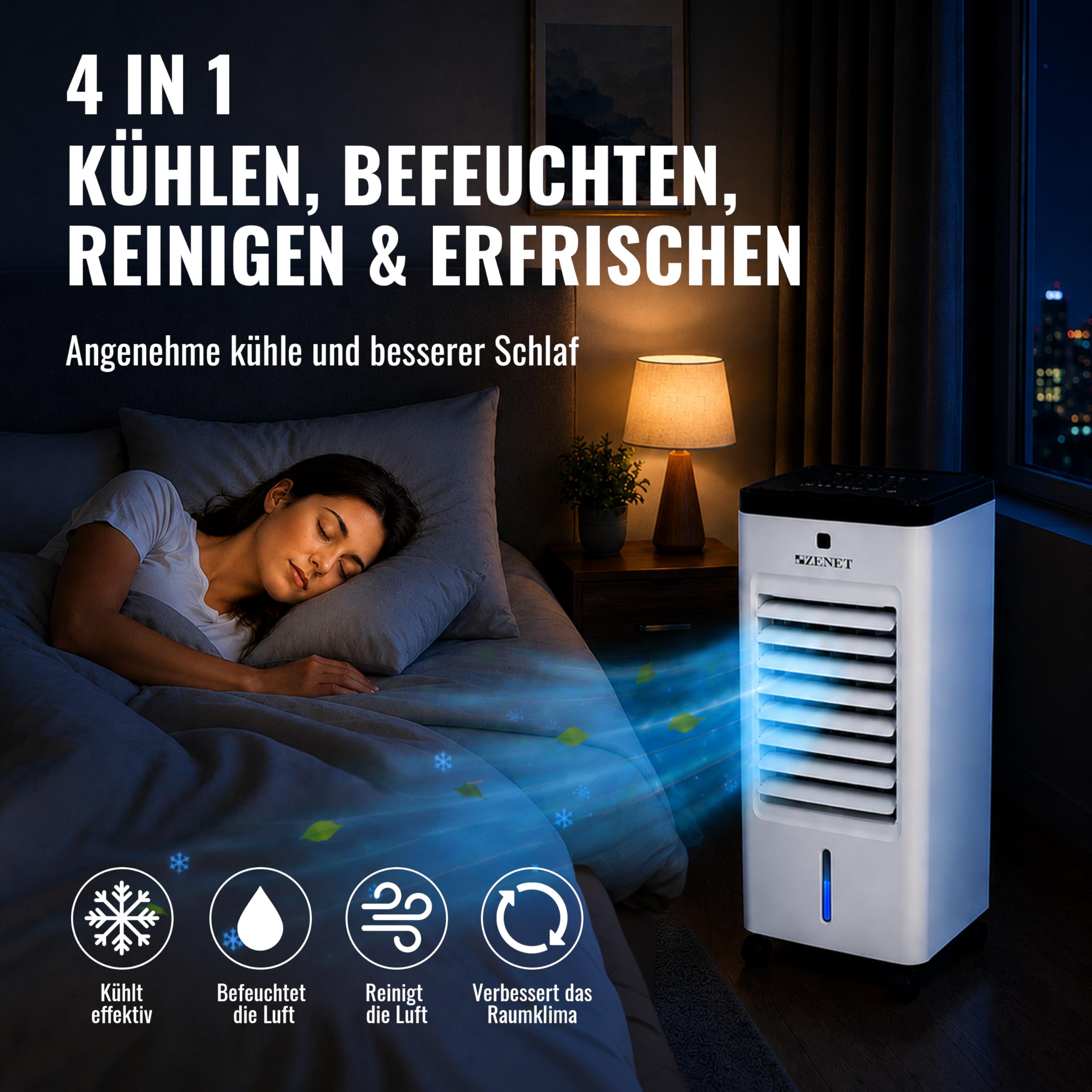 ZENET Luftkühler & Klimaanlage Mobil ohne Abluftschlauch 4-in-1 (3.5L, 65W) | Tragbare Ventilator mit Wasserkühlung, Luftbefeuchter, Luftreiniger für Zuhause, Zimmer, Büro, Timer, Fernbedienung