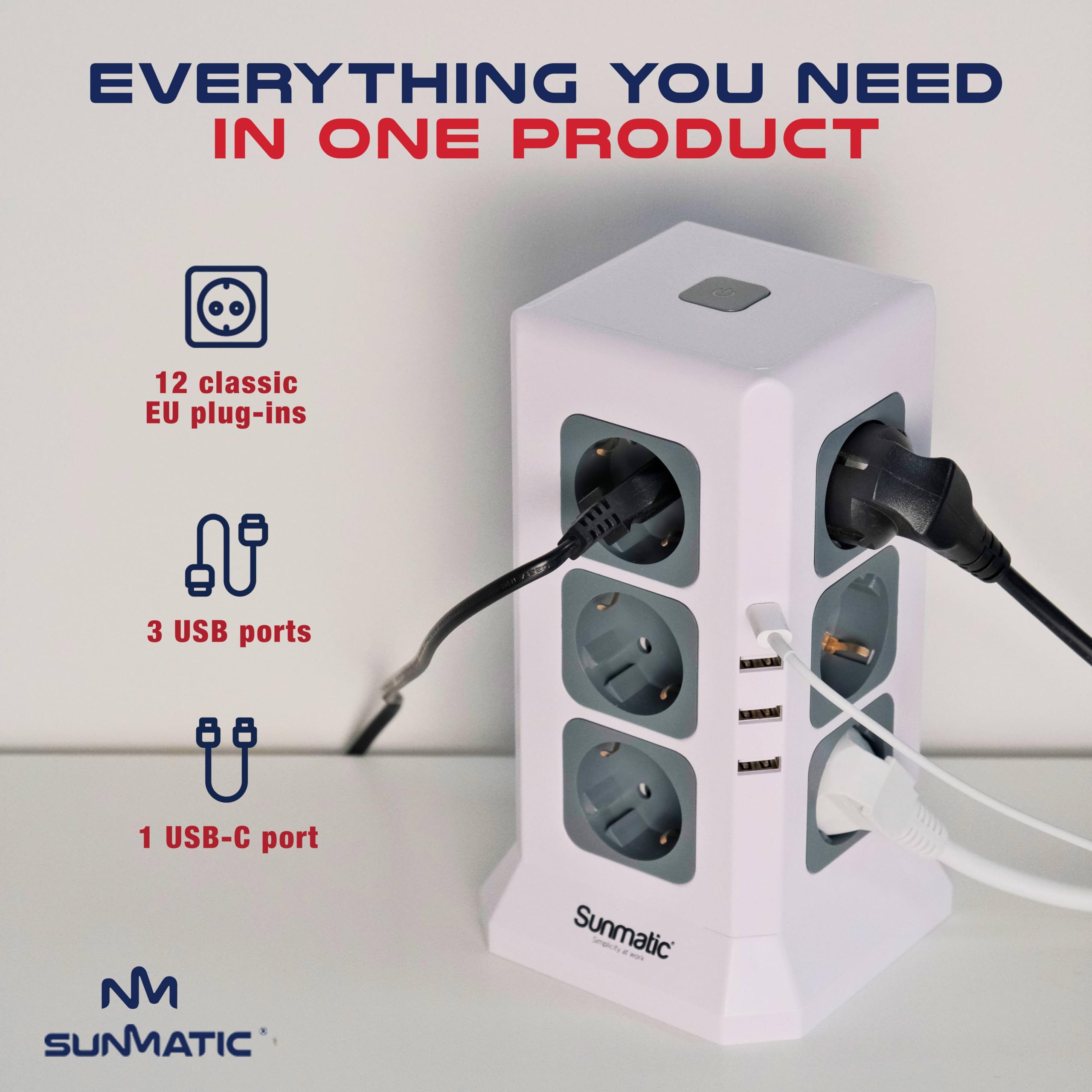 SUNMATIC Mehrfachsteckdose 12 EU, Überspannungsschutz, 3 USB-A, 1 USB-C, Schalter, Verlängerungskabel 2m, 3680W, Kindersicherung, Feuerfest, Schuko, für Büro & Homeoffice