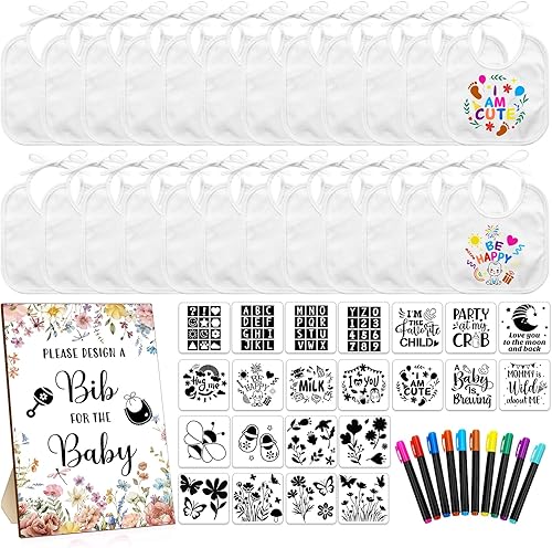 Miniatura 7 de Newwiee Juego de 55 baberos blancos para decoración de bebé, diseño de babero, para recién nacidos, baberos de madera para baby shower, juego