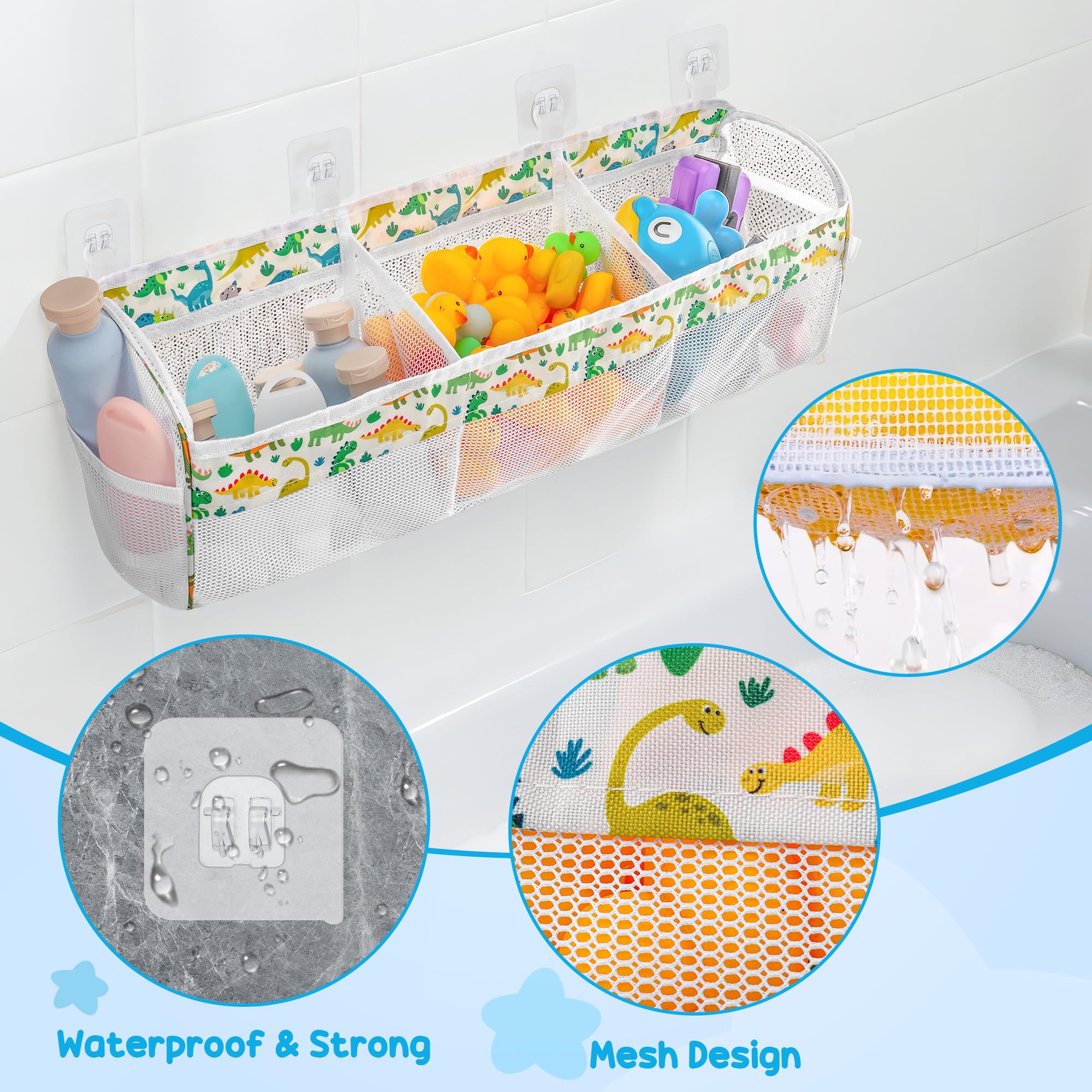Organizador de almacenamiento de juguetes de baño de dinosaurios, soporte de juguetes de baño de 3 compartimentos para tinas con grandes aberturas, gran capacidad y malla de secado rápido, 4 3