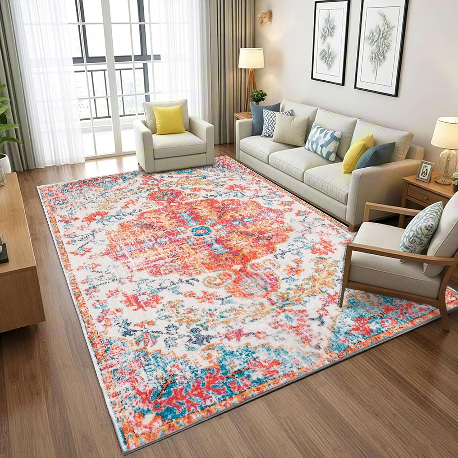 4x6 Machine Washable Area Rug, Ultra Soft Low-Pile Boho Vintage Carpet, Non-Slip Indoor Rug for Living Room, Bedroom (Orange & Red)