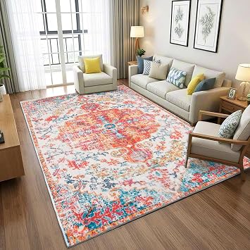 VFROO 4x6 Machine Washable Area Rug, Ultra Soft Low-Pile Boho Vintage Carpet, Non-Slip Indoor Rug for Living Room, Bedroom Orange & Red