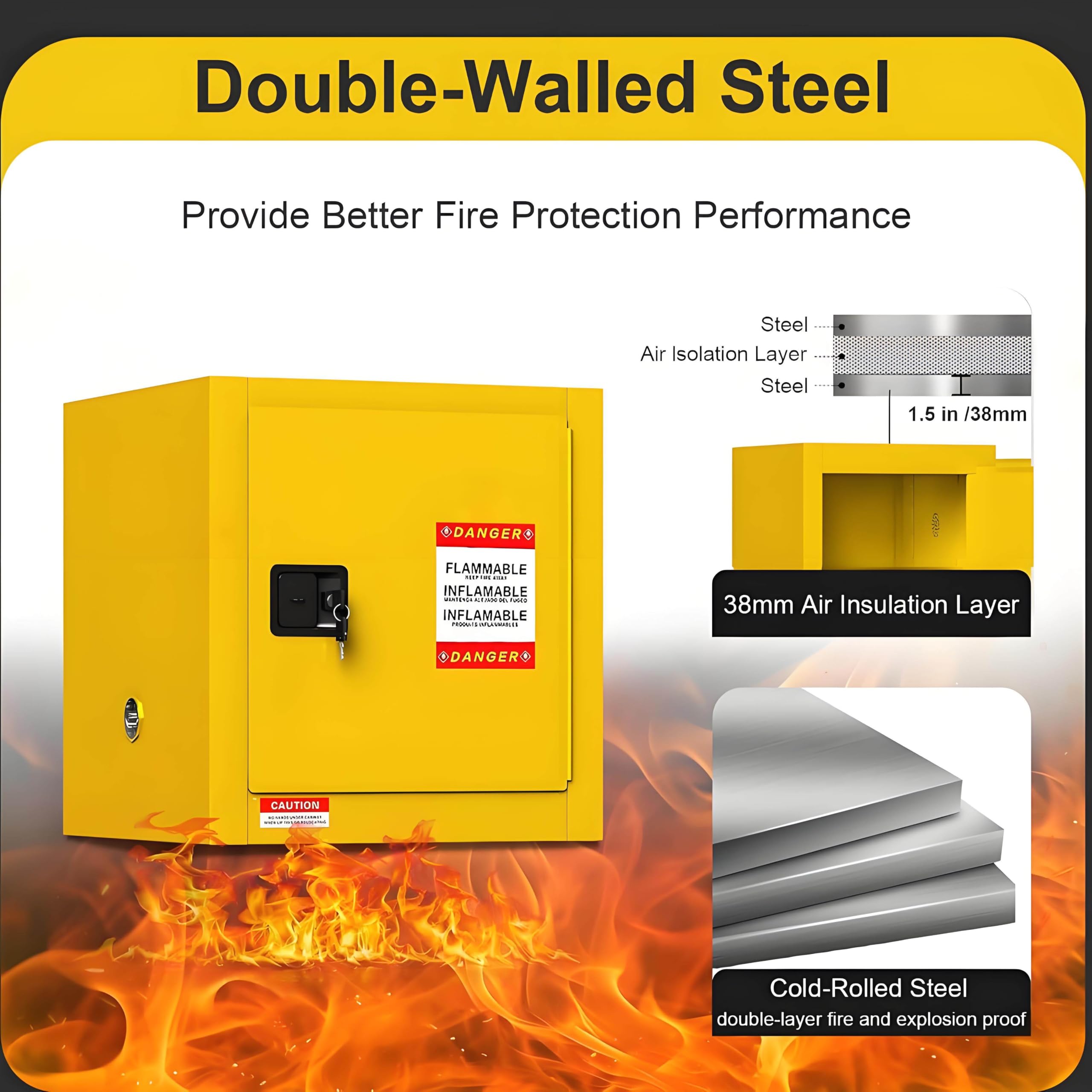 Gabinete de Almacenamiento ignífugo, gabinete de Acero galvanizado para líquidos inflamables, gabinete para líquidos inflamables, para Uso Comercial e Industrial. Yellow-12Gallons