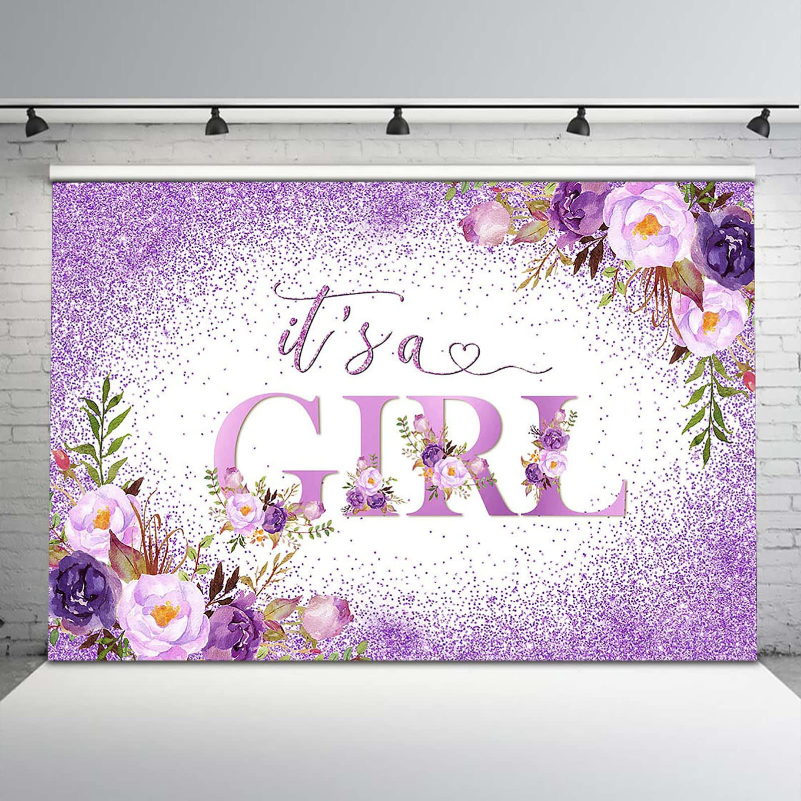 Avezano Violet Floral Baby Shower Backdrop Purple Floral It's a Girl Baby Shower Background Glitter Puprle Dots Girls Baby Shower Banner Cake Table