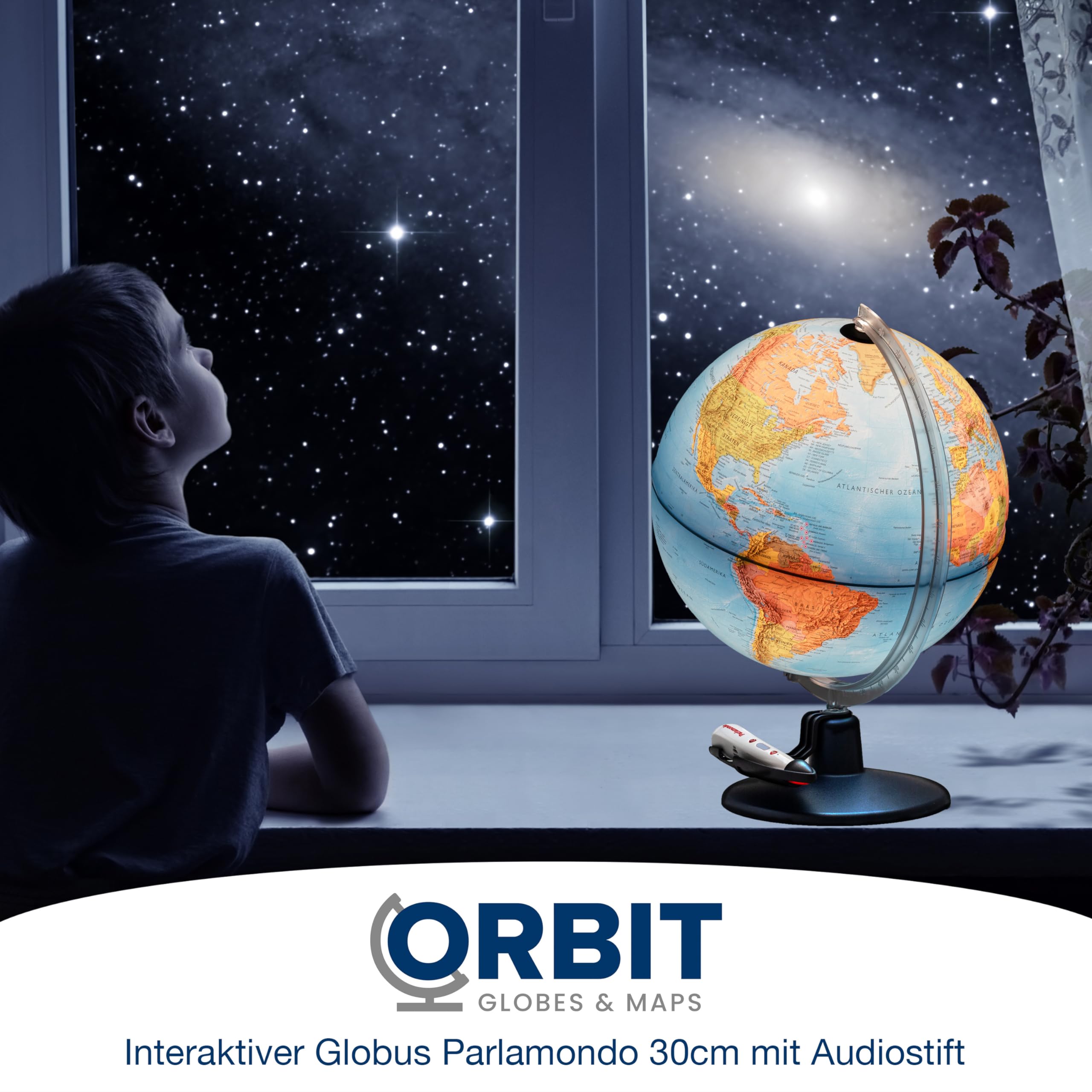 ORBIT Globes & Maps - Interaktiver Audio-Leuchtglobus mit dem Audio-Stift, 30 cm Globus mit stabilem Kunststofffuß, Stifthalterung, deutsches Kartenbild von 2026, USB 5Volt Anschluss