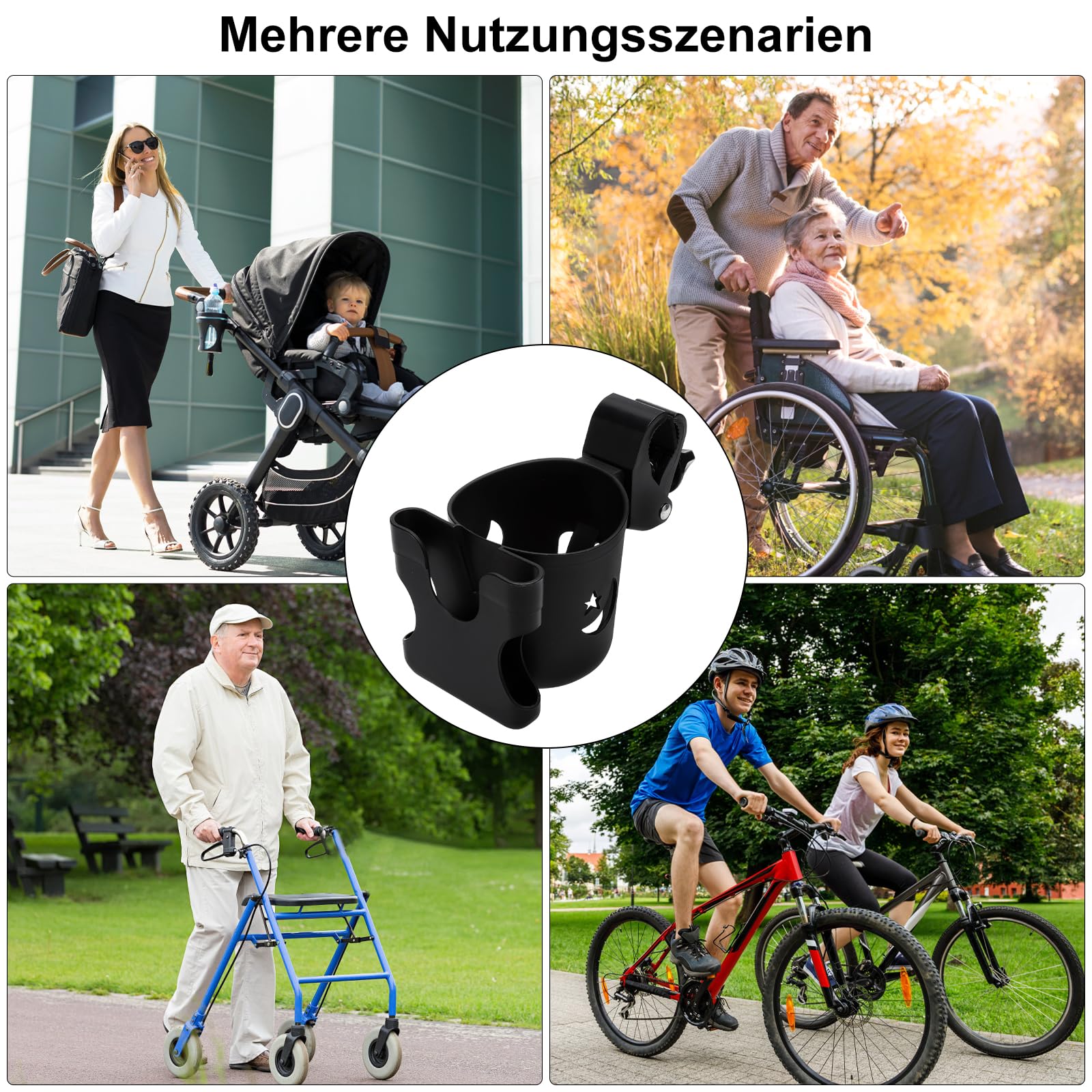 VOSSOT Portavasos Carrito Bebe, 1 Portavasos para Cochecito con 2 Ganchos para Cochecito de Bebé, con Rotación de 360 Grados, Accesorios Carrito Bebe Negro
