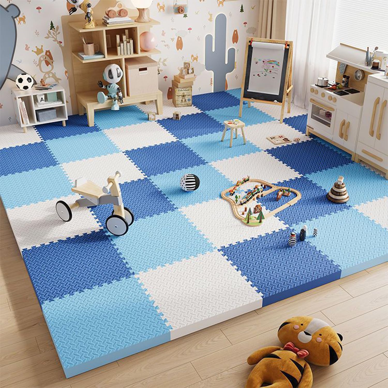 Maty Do Puzzli Dla NiemowląT 60x60,4 Sztuk,Pianka Eva,Mata Raczkowania,Mata Zabawy,AntypośLizgowa Mata Ochronna, I Dzieci Zabawy,Treningowe Jogi(60 * 60 * 2.5cm(4 pieces),White + Blue + Navy)
