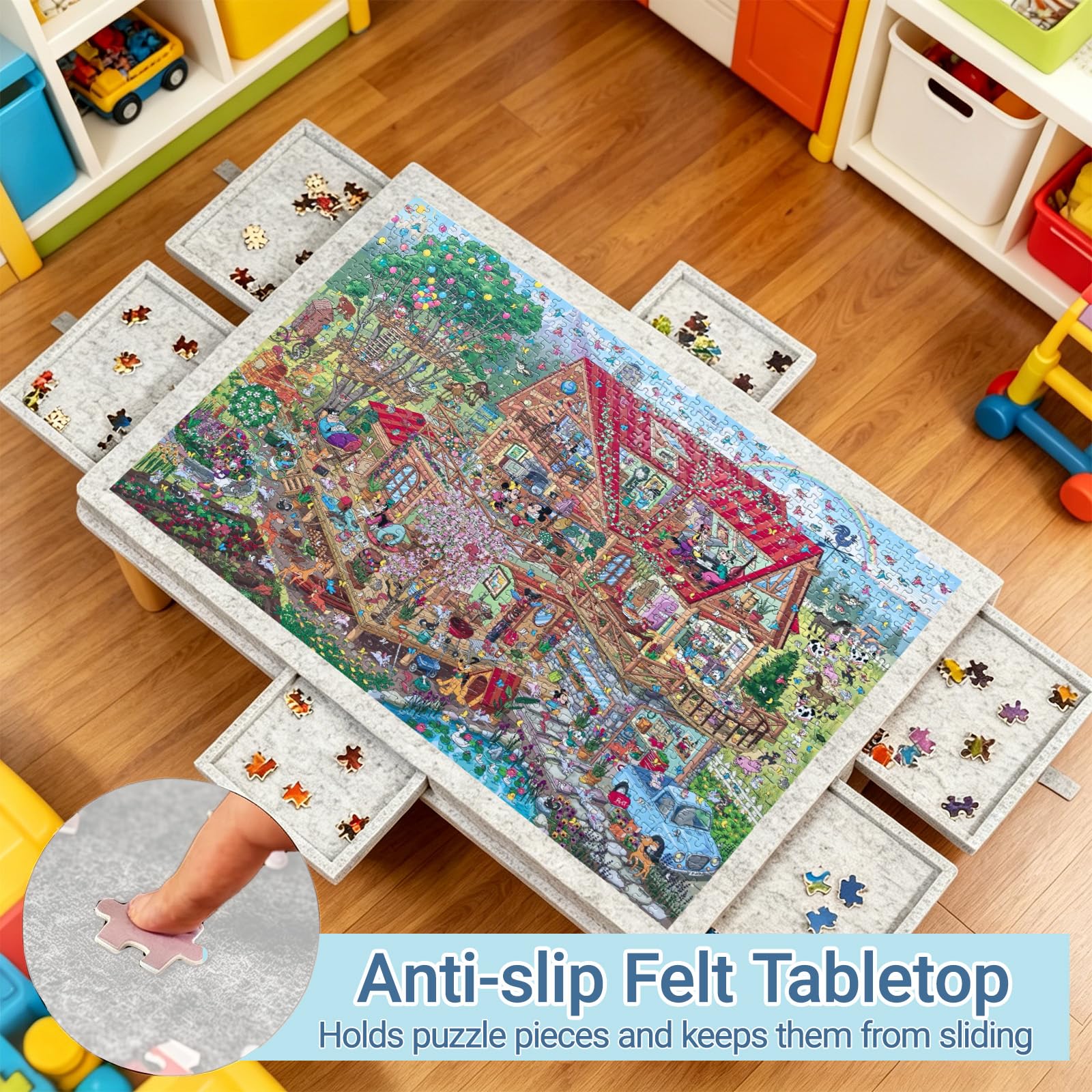 Deska do puzzli z 6 szufladami, nachylony stół puzzli | 1500 elementów filcowych puzzli, deska do puzzli ze stojakiem 2 w 1 i pokrywą, lekka i przenośna dla dorosłych i dzieci
