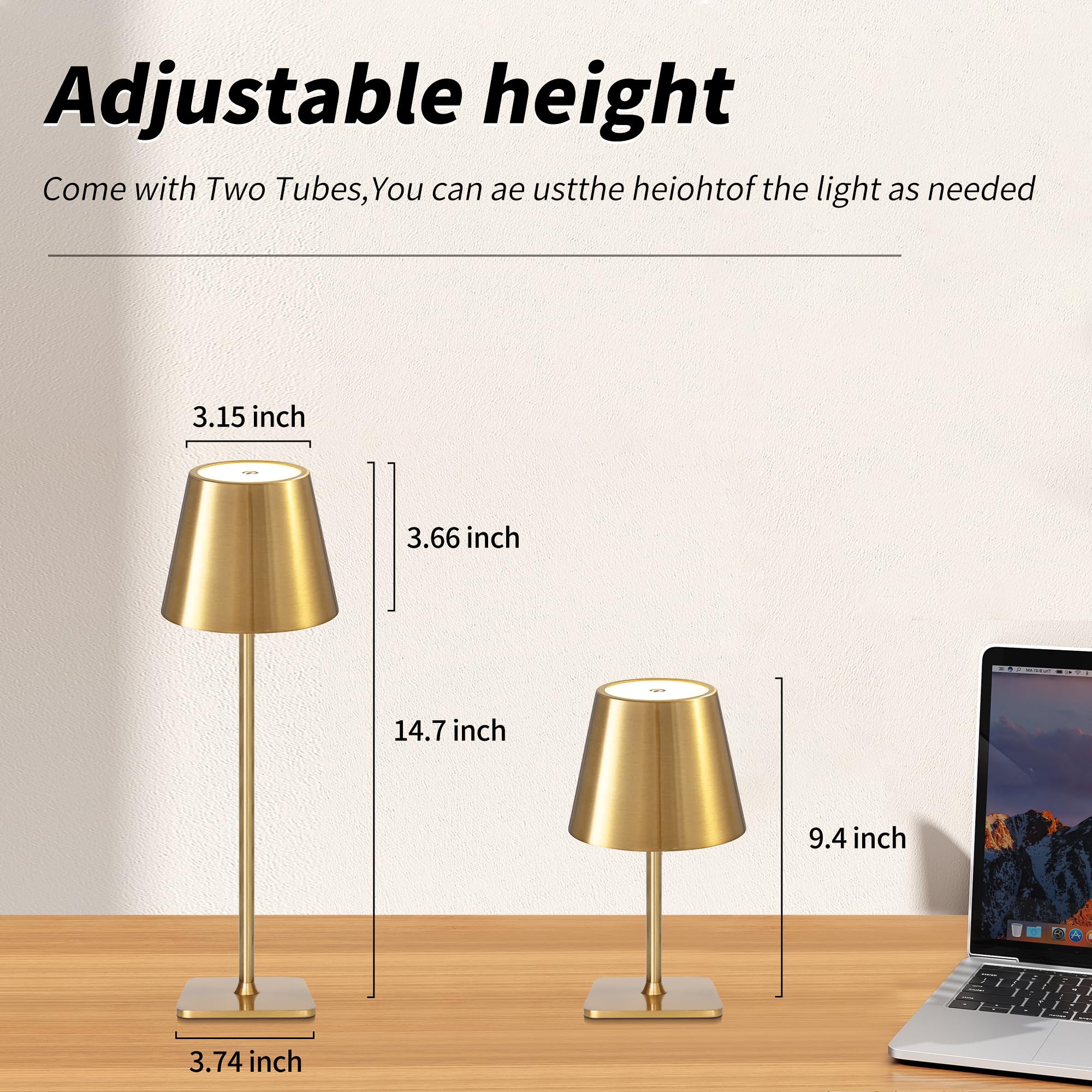 Mr. White Lampe de table LED d'extérieur sans fil rechargeable sans fil portable alimentée par piles pour restaurant, cuisine, terrasse, dîner, salle à manger (doré)