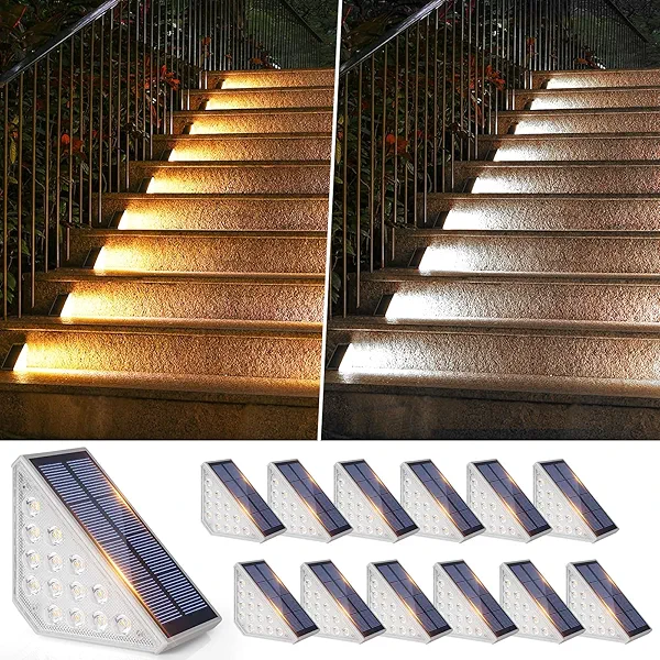Bosceos 12-Pack Solar Step Lights, Upgraded 2 in 1 LED Solar Powered Stair Light Waterproof, Outdoor Deck Lights with 2 Colors, Solar Light for Outside Sidewalk Yard Patio, Warm White & Cool White