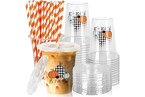 50-Piece Fall-Themed Cups with Lids and Straws
