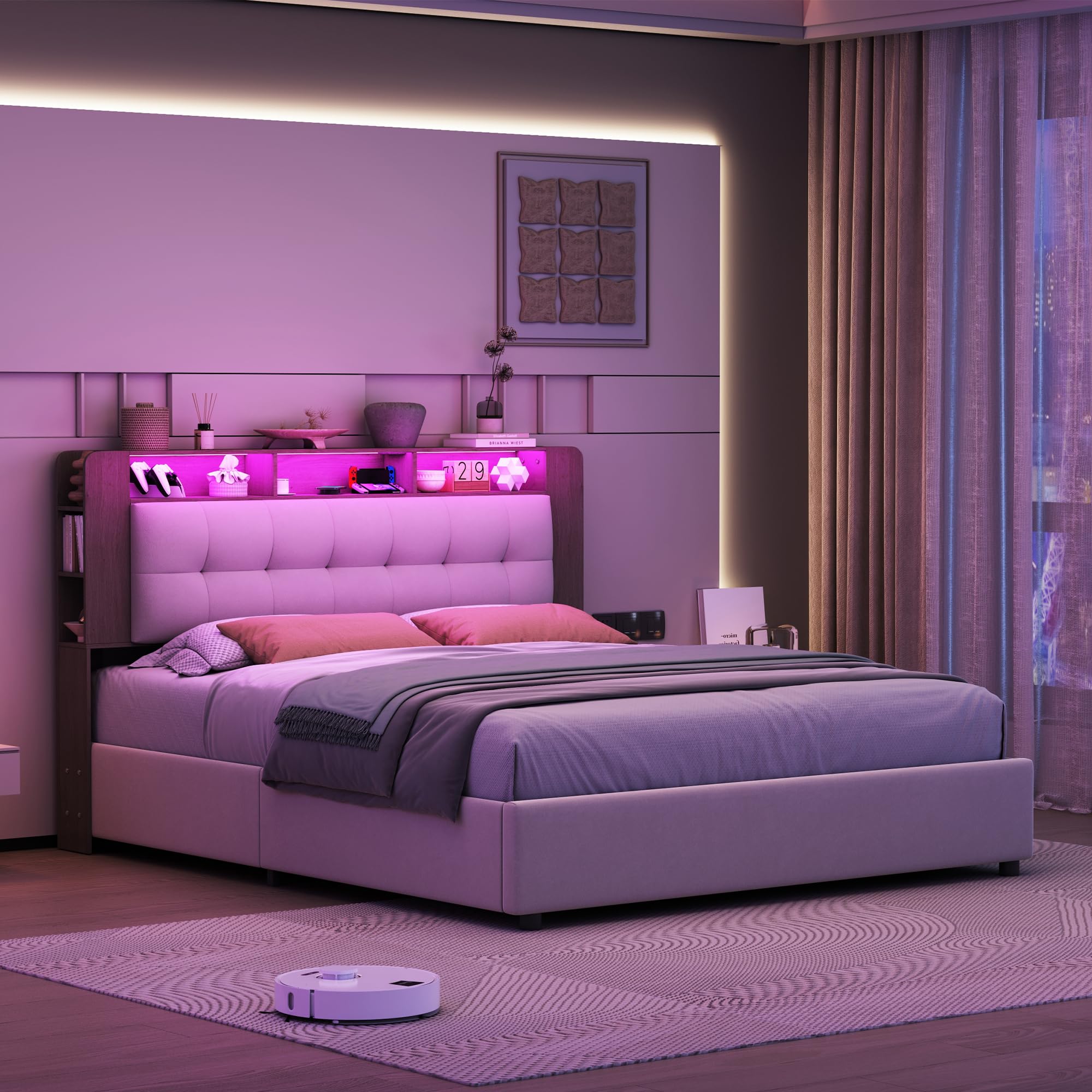 Letto imbottito 160 x 200 cm, letto matrimoniale a LED con testiera e USB, letto idraulico, struttura del letto con rete a doghe in legno, Velluto, senza materasso