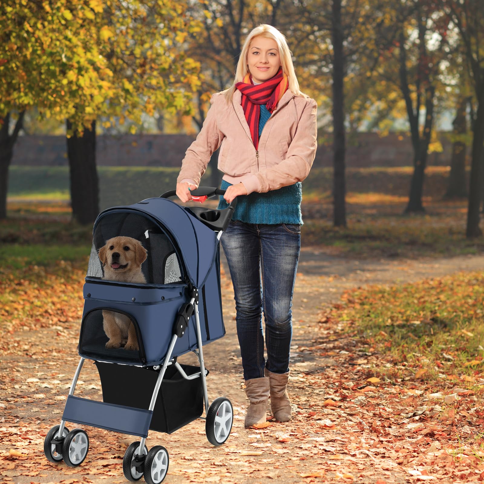 SOARS Poussette Chien Pliable, Charge 15 KG, Pousette Chat avec Fenêtre en Filet, Porte-Gobelet, Panier de Rangement, Coussin Confortable, pour Animaux de Compagnie, 87 X 46 X 102 CM (Bleu Foncé)