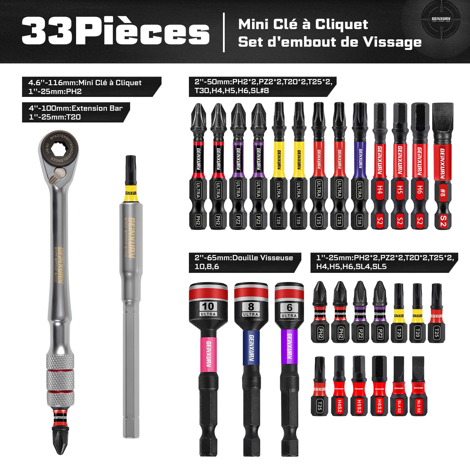 GEINXURN 33 Pièces Mini Jeu de Clés à Cliquet,25 mm Acier S2 jeu d'Embouts Magnétiques(Phillips/Pozidriv/Torx/Hex),Rallonge d'Embout à Six Pans et Douille Hexagonale Magnétique pour Auto, Vélo