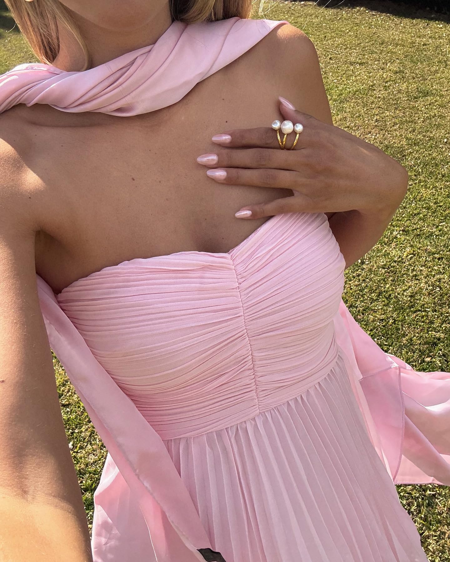 Jicht Strapless Bridesmaid Dress with Scarf Chiffon Long Tiered Halter Formal Dress Maxi for Women JA001