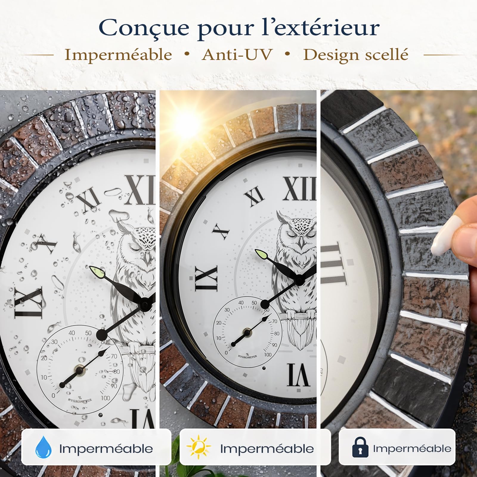 Horloge murale exterieure etanche 45 cm avec thermomètre et hygromètre, illuminée avec lumière nocturne intelligente, grande horloge silencieuse à piles pour jardin, patio, piscine et véranda