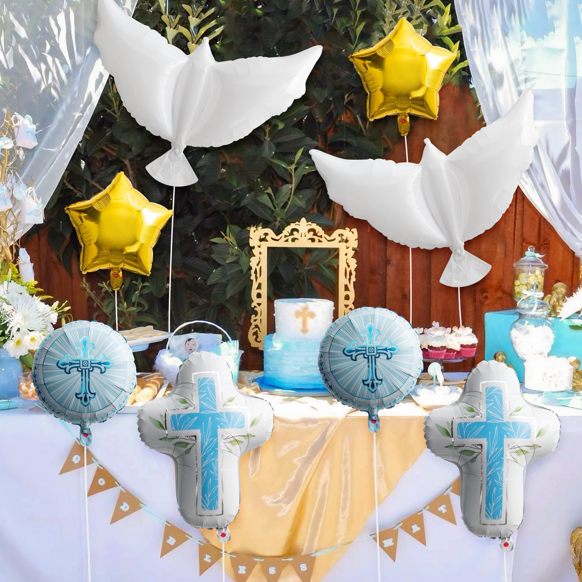 Kommunion Luftballons Set – 8 Stück Mit Kreuz, Tauben & Schriftzug, Aus Alufolie, Für Taufe & Erstkommunion