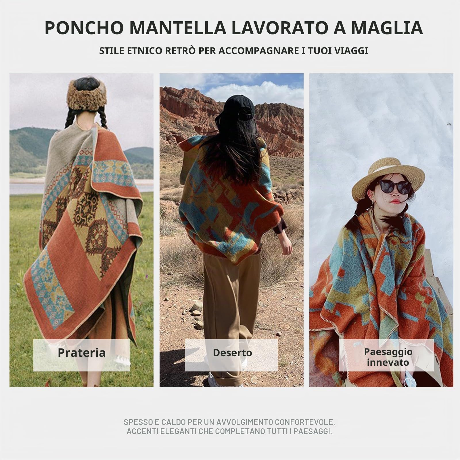 LumiSyne Invernale Scialle in Cashmere per Donna Poncho Cape Lavorato a Maglia Stile Etnico retrò Cardigan Maglione Aperto Scialle Coperta Spessa Caldo Pashmina Sciarpa Grande Poncho Mantella Stola