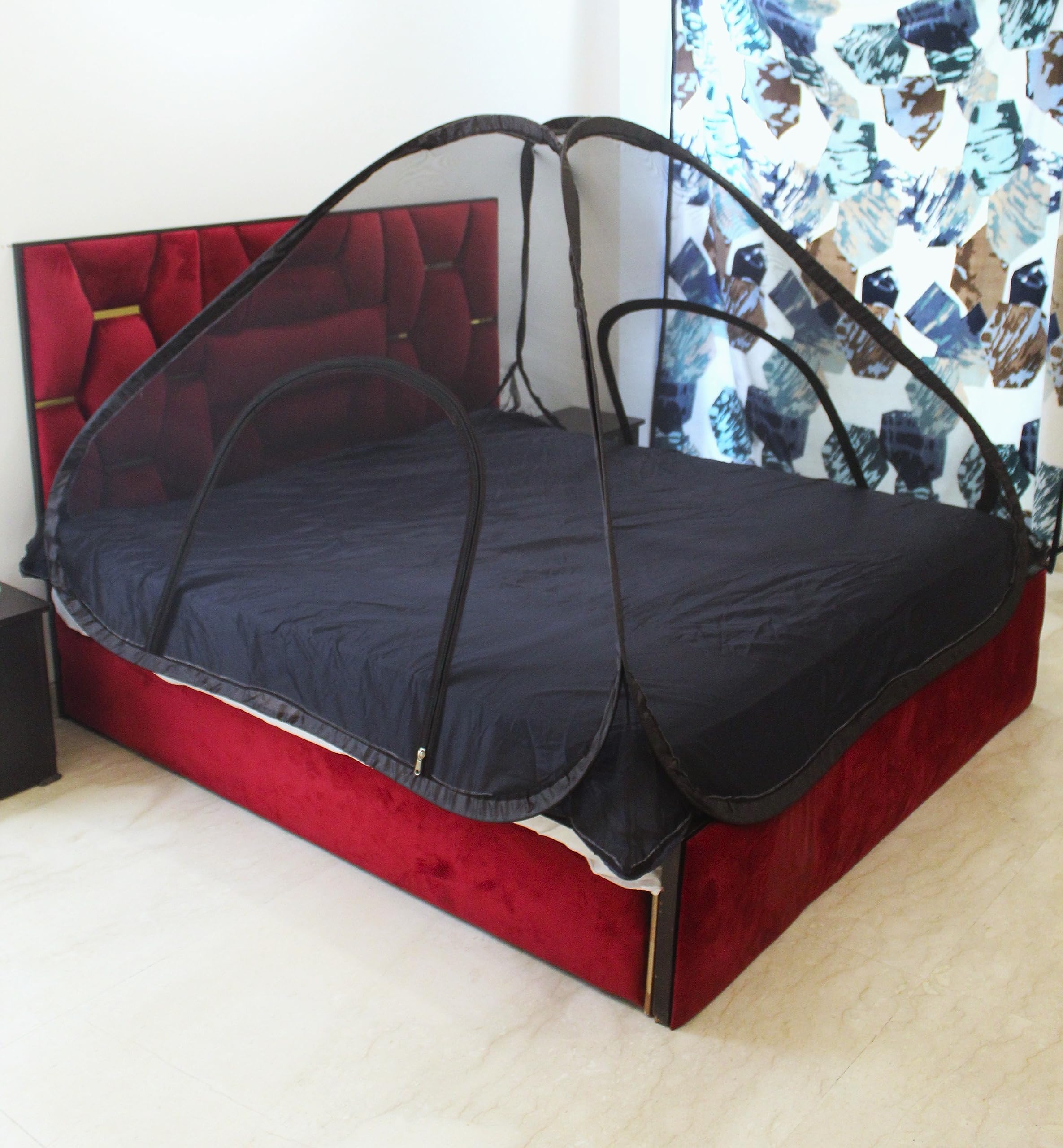 Naseer Emporium Mosquito Net (Foldable) Double Bed 40 GSM Premium net. 2 Gates with Heavy Chain and Lock, 8MM PVC Coated Steel Rod with 5 Thread Interlocking (in and Out). (7 x 7 ft) (Black)