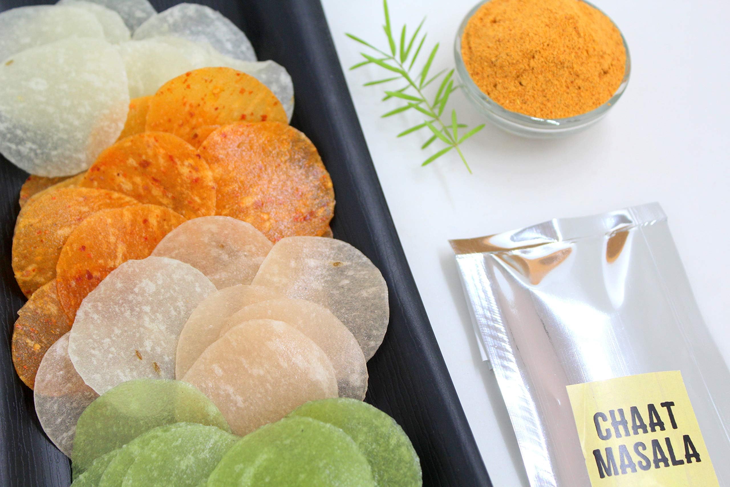 Fryie Express Assorted Desi Chips with homemade Chat Masala, 250g. 100% gluten Free Natural and organic Tapioca extract rice papad fryums chips snacks ready to cook air fry or microwave