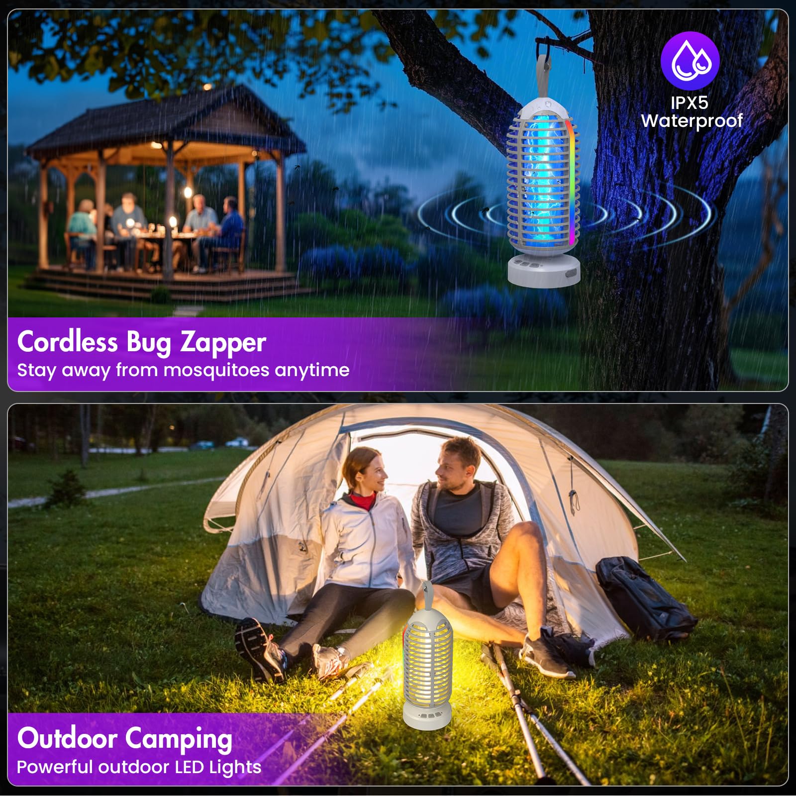 Kabelloser Insektenvernichter für drinnen und draußen, mit bunter Beleuchtung und Auto-Sensing, tragbar, wiederaufladbar, kabellos, für Camping, Terrasse, Garten, Küche, 4000 mAh Akku, elektrische