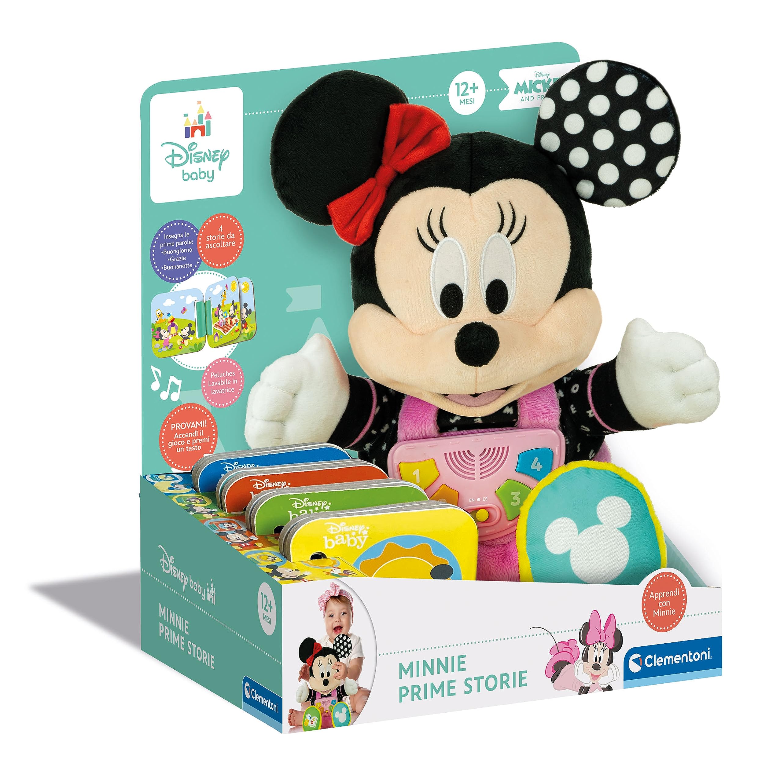 Clementoni Disney Baby - Baby Minnie Prime Storie, Peluche Raccontastorie Interattivo per Bambini 12+ Mesi, con 4 Libricini Illustrati, 100% Lavabile, Lingua Italiana, 17852