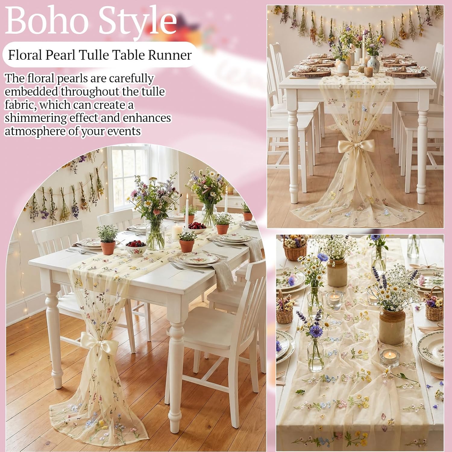 Lounsweer 3 Pcs Wildflower Table Runner 10ft/ 29 Inch x 120 Inch White Embroidery Wildflower Spring Summer Tulle Lace Runner DIY Table Decor for Wedding Party Baby Shower Holiday Dining (Apricot)