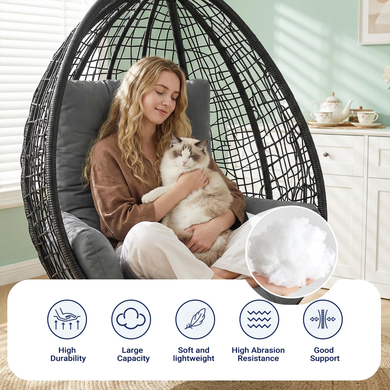 Yahbrra Thicken Egg Chair Cushion: Garden Outdoor Indoor Hanging Replacement Cushions for Hammock Waterproof Soft Swings Chair Cushion pp Cotton Filler (Dark Gray, 120 * 60 * 12cm) - 4