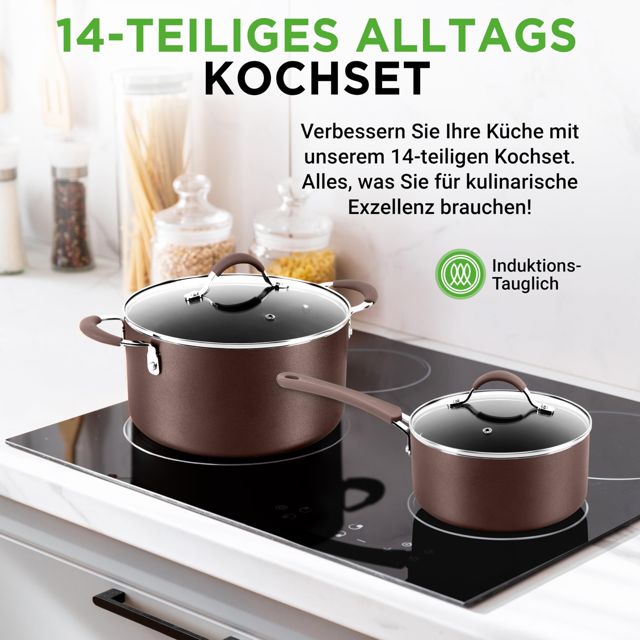 Nutrichef Pfannen & Induktions Töpfe Set, 14-Teiliges Pfannenset & Topfset Induktion,Töpfe & Pfannen mit Cool-touch Griffen PFOA/PFOS-frei – Non Stick – Aluminium mit Edelstahl Kanten – ofenfest