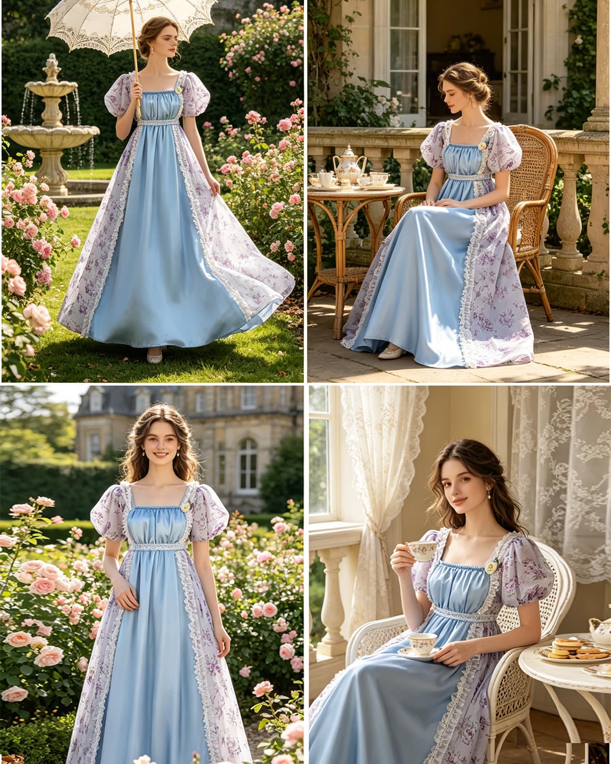 LTAKK Abito da donna Regency vintage con vita impero vittoriano Tea Party con guanti a fascia