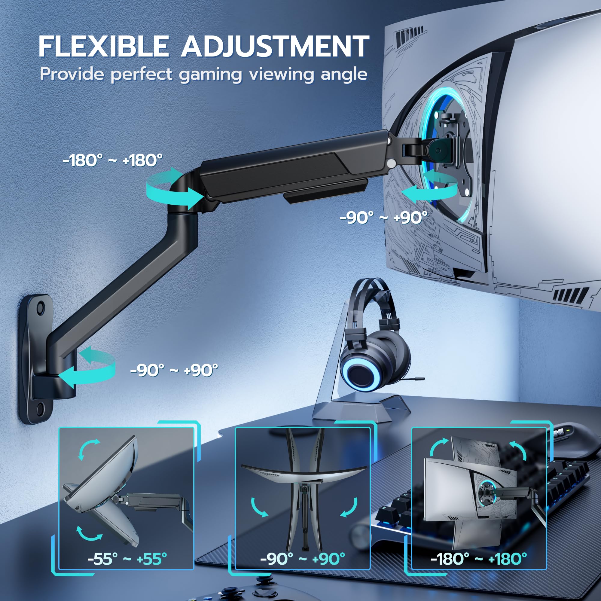 ARES WING Supporto da parete per monitor da 17-40 pollici, nero | Supporto da parete per monitor fino a 12 kg per braccio, regolabile in altezza, inclinabile, girevole, VESA 75/100 mm