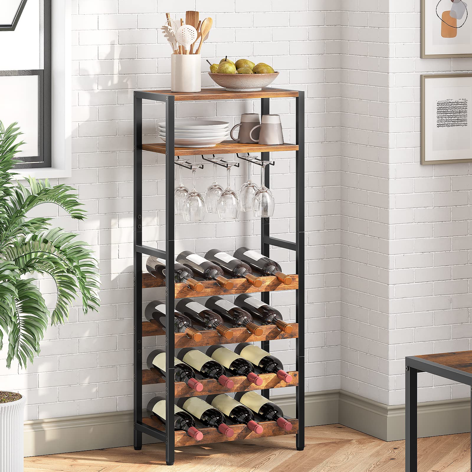 HOOBRO Estantería para Vino de 16 Botellas, Estantería para Vinos Independiente con Tablero de Madera y Soporte para Copas, Expositor de Vinos de 5 Niveles para Cocina, Bar, Restaurante, etc EBF04JJ01