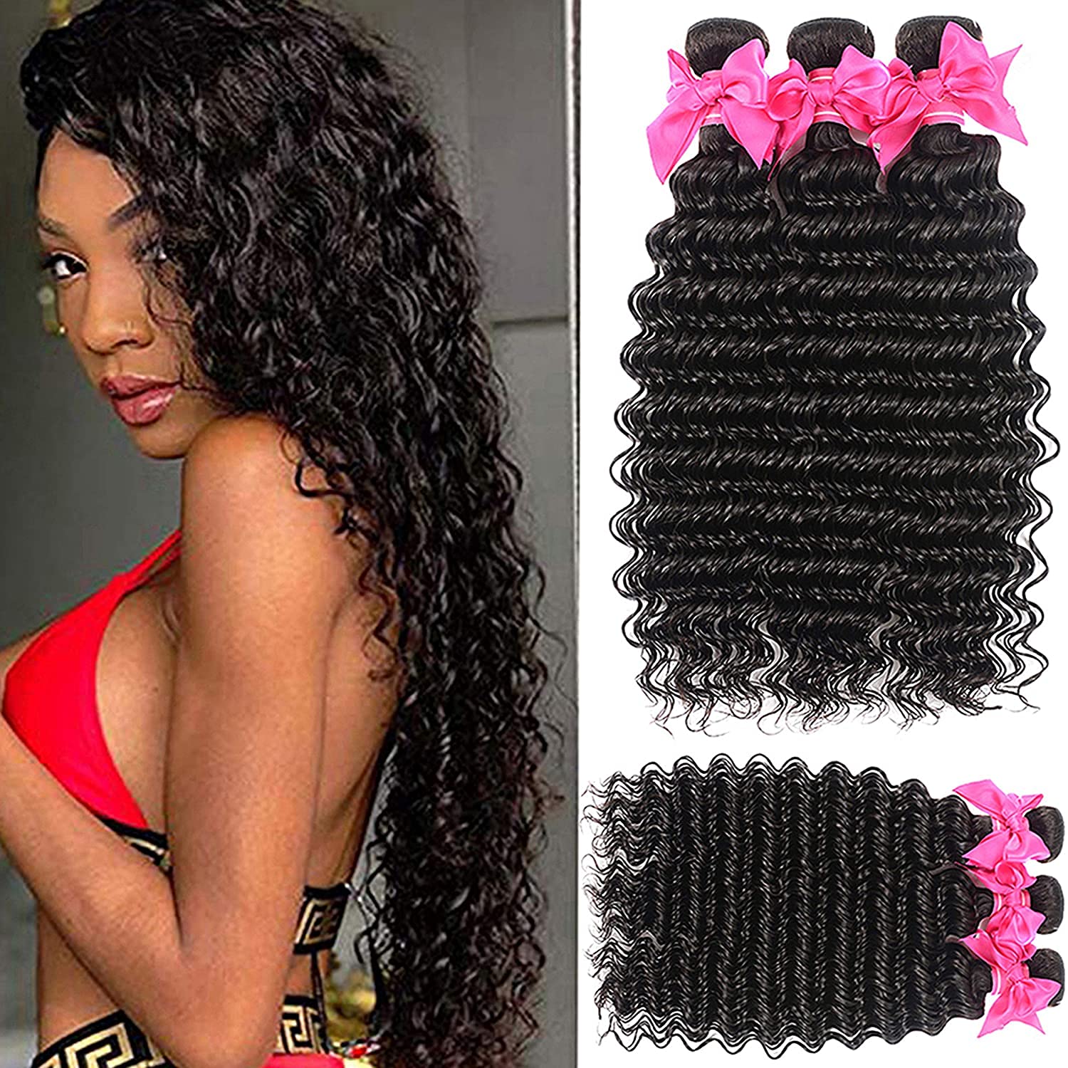 Miss GAGA 9A Brazilian Virgin Hair Pineapple Deep Wave 3 Bundles Brazilian Human Hair Bundles 100% Unprocessed Virgin Remy Hair Bundles Natural Color