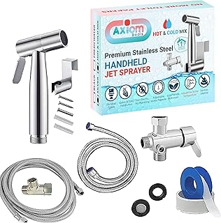 (Pack of 1) Axiomdeals HOT & COLD MIX/WARM Water Handheld Bidet Toilet Bidet Shattaf Muslim Shower - with Hot & Cold Mixing Valve, Stainless Steel & Leak-Proof, Explosion-Proof Metal Hoses, Metal T-Valves, Easy Install, Diaper Sprayer, Toilet Hygiene, Bathing Pets, Hygiene - WALL or TOILET MOUNT Option, Water Pressure & Temperature Adjustable