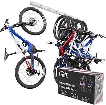 USA Based Ceiling Bike Rack Garage Storage Mount, Bicycle Hanger For Up To 6 Bikes, Sliding 51" Heavy Duty Hook Racks With Padded Hanging Mounts, Hooks Hangers White, 3 Rails - 6 Hooks