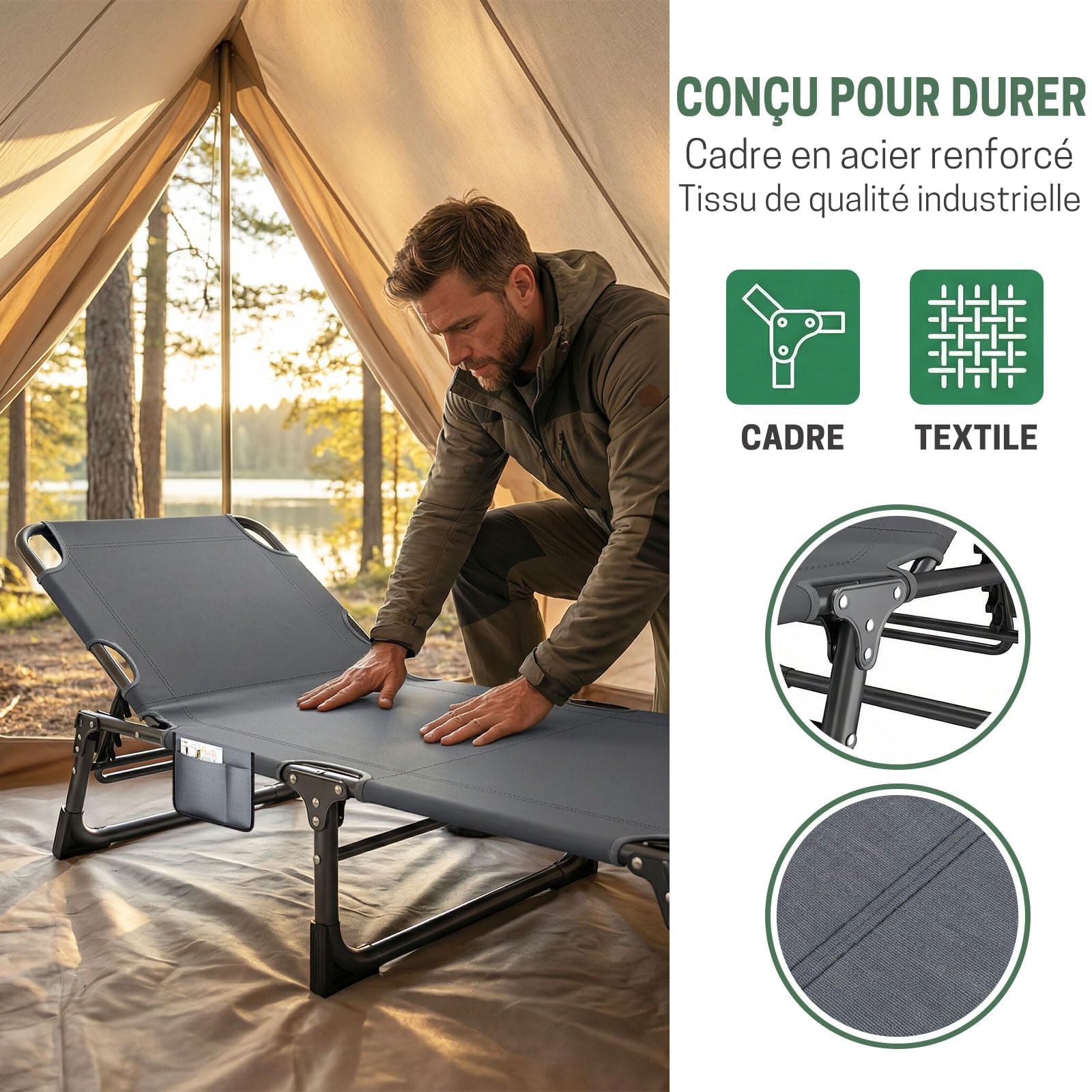 Bain de Soleil 4 Positions, Chaise Longue Pliable | avec Matelas Rembourré et Oreiller; Lit de Camping Portable; pour Jardin, Plage, Piscine, Patio; Gris