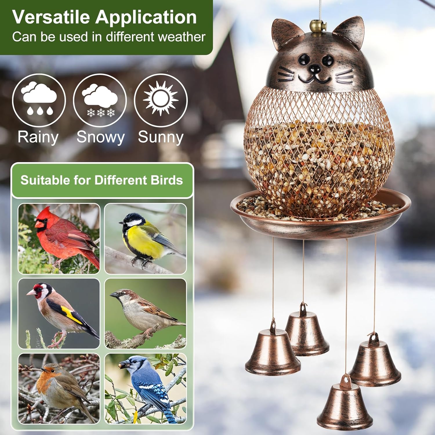 LBTING Bird Feeder for Outside, Cute Cat-Shaped Wind Chimes Bird Feeder, Metal Wild Bird Feeder Decoration for Hanging Outdoor Garden Yard
